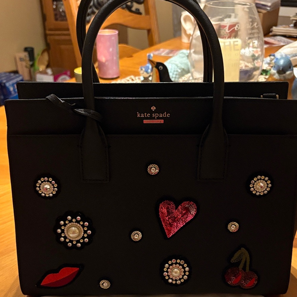 Kate Spade Black Satchel with Red and White Embellishments